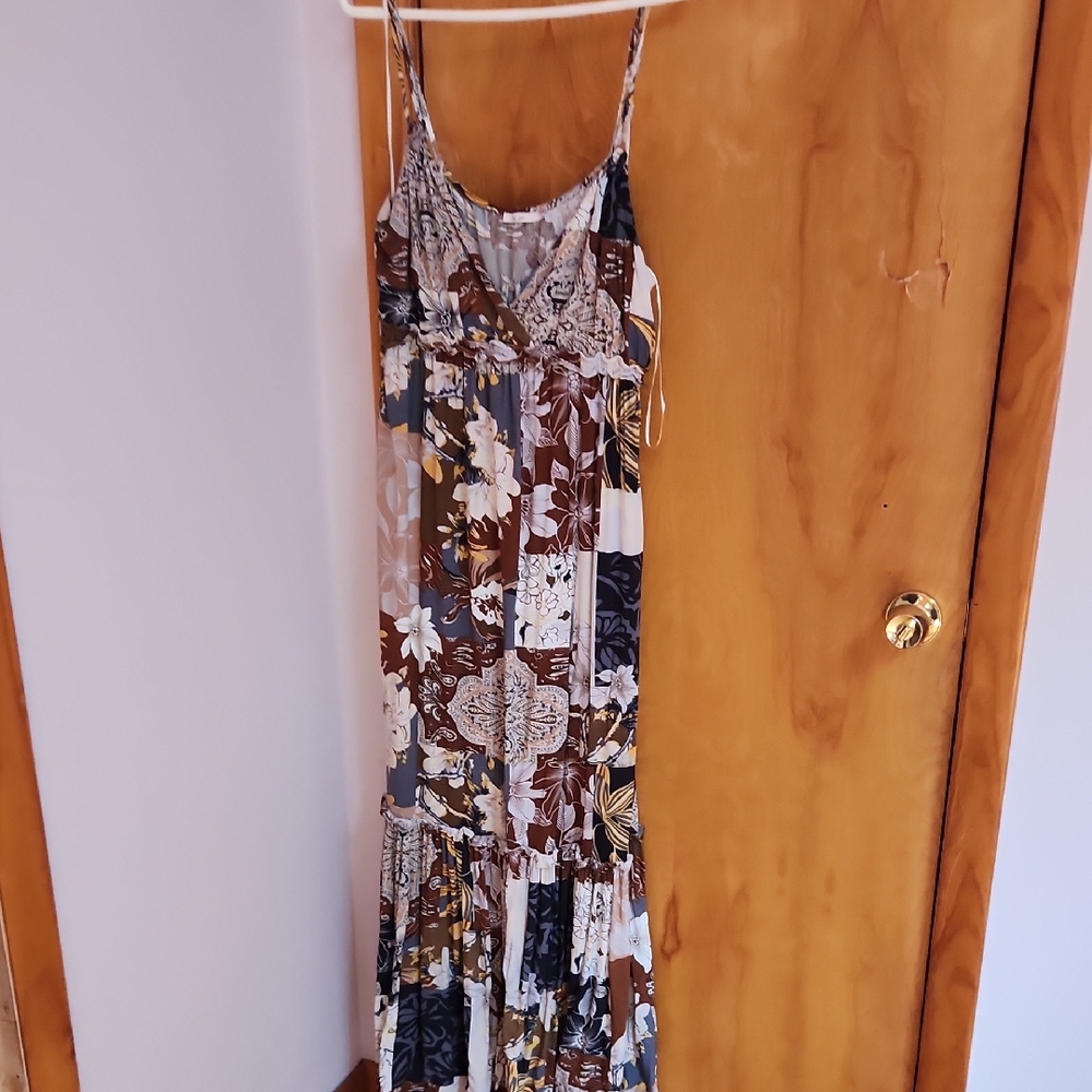Floral Patchwork Maxi Dress - Brown and Cream